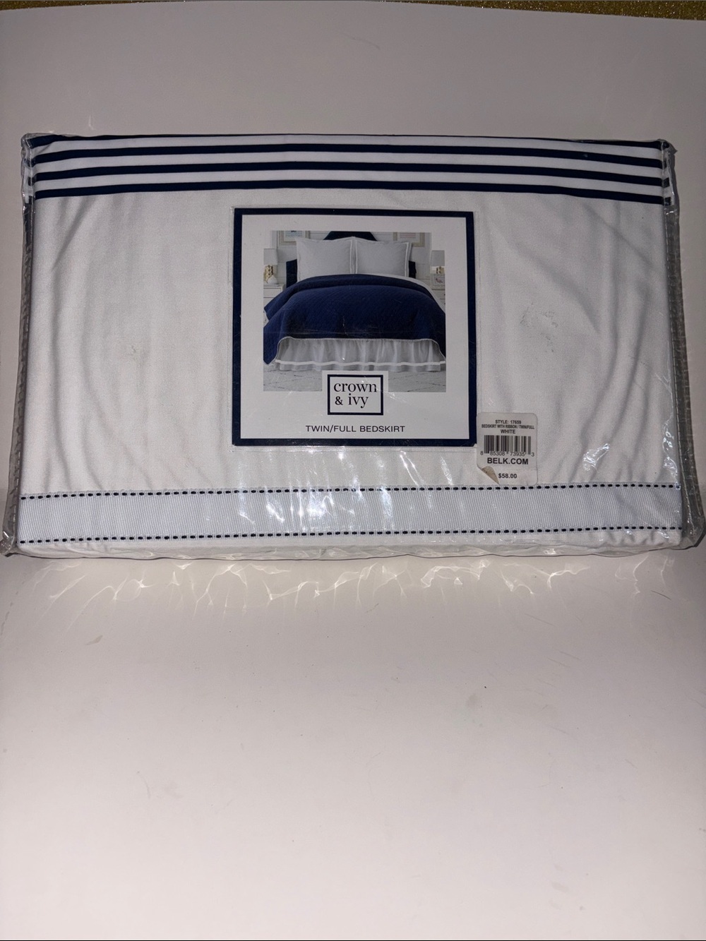 crown & ivy White Bedskirt with Navy Trim
